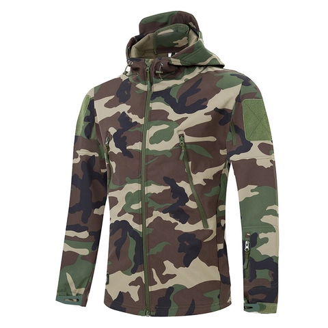 Giacca Softshell Tattica da Uomo Impermeabile Antivento Foderata in Pile con Cappuccio Outdoor Militare Mimetica Caccia Trekking
