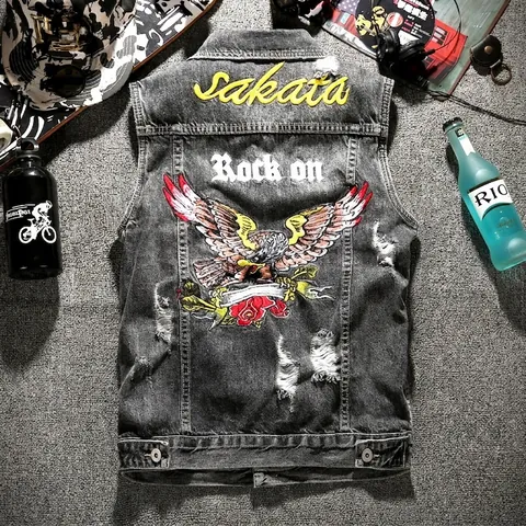 Herren Retro Zerrissene Denim Weste Gewaschen Grau Bestickt Adler Rose Rock Streetwear Ärmellose Jacke Slim Fit Baumwolle Weste