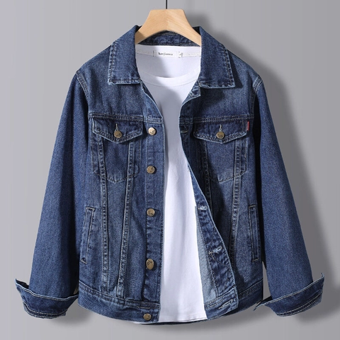 Classic Men Denim Jacket Casual Workwear Style Turn Down Collar Long Sleeve Outerwear Solid Color Fashion Coat For Men