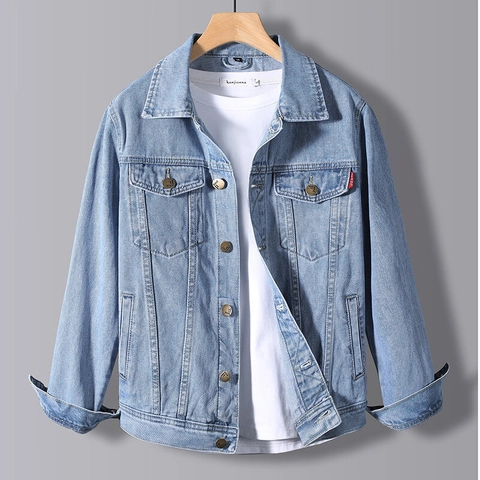 Classic Men Denim Jacket Casual Workwear Style Turn Down Collar Long Sleeve Outerwear Solid Color Fashion Coat For Men