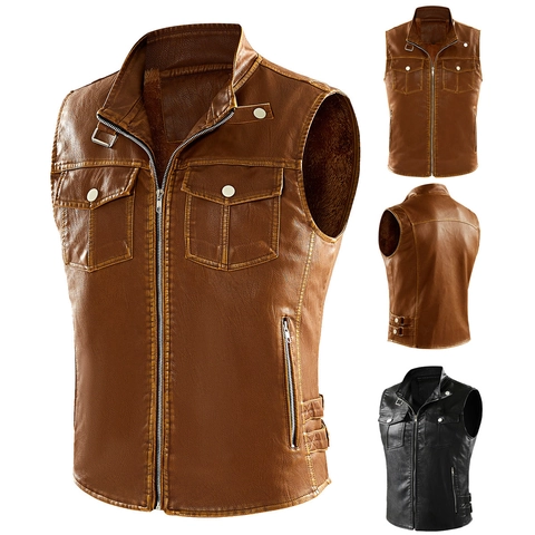 Men Vintage PU Leather Vest Stand Collar Motorcycle Punk Multi Pocket Sleeveless Jacket Fleece Lined Waistcoat Outwear