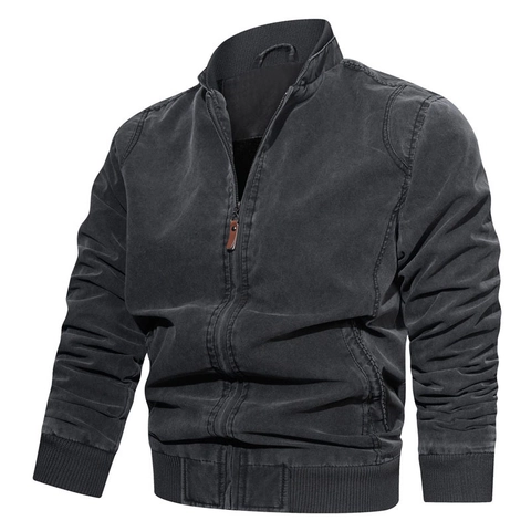 Giacca da Uomo in Cotone Lavato Casual Collo Alto con Cerniera Polsini a Costine Bomber Vintage Abbigliamento da Lavoro Cappotto