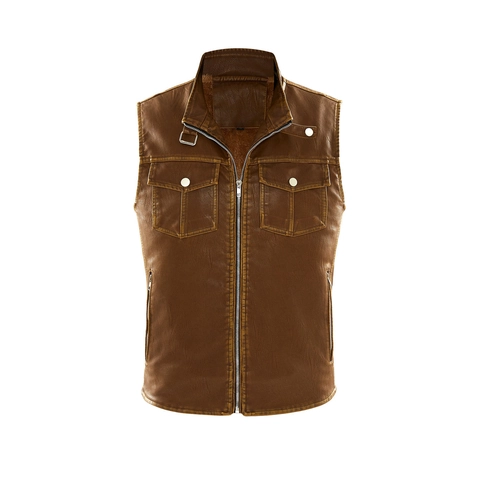 Men Vintage PU Leather Vest Stand Collar Motorcycle Punk Multi Pocket Sleeveless Jacket Fleece Lined Waistcoat Outwear