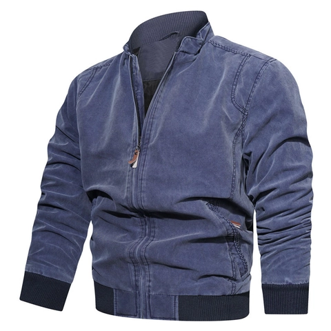 Giacca da Uomo in Cotone Lavato Casual Collo Alto con Cerniera Polsini a Costine Bomber Vintage Abbigliamento da Lavoro Cappotto