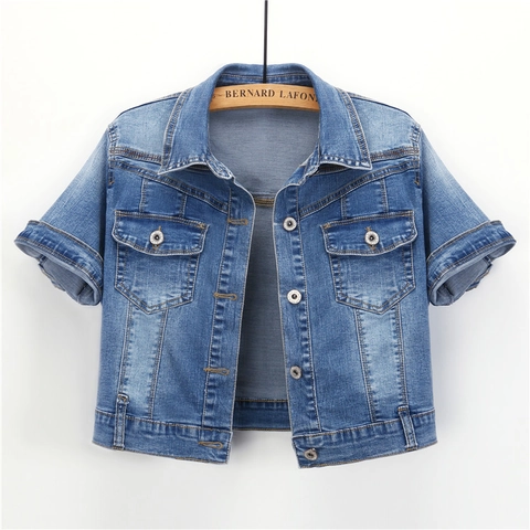 Women Summer Short Sleeve Denim Jacket Cropped Washed Denim Shrug Single Breasted Turn Down Collar Cargo Pocket Outerwear