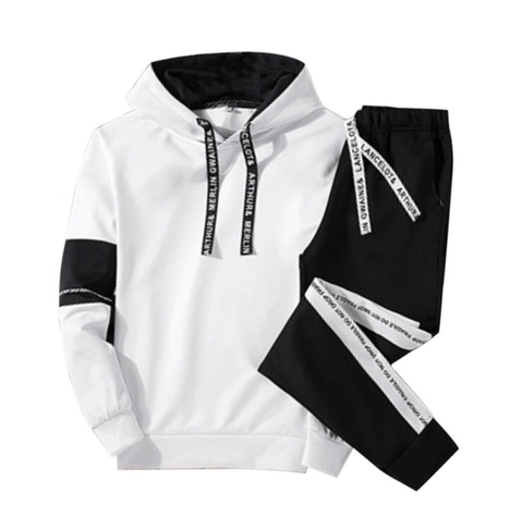 Men Casual Sports Tracksuit Cotton Hooded Pullover Hoodie And Jogger Pants Set Contrast Ribbon Letter Print Sweatshirt Suit