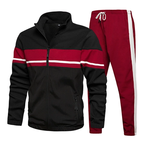 Chándal para Hombre de Poliéster Bloques de Color Rayado Cuello Alzado Chaqueta con Cremallera y Pantalones Jogger Conjuntos