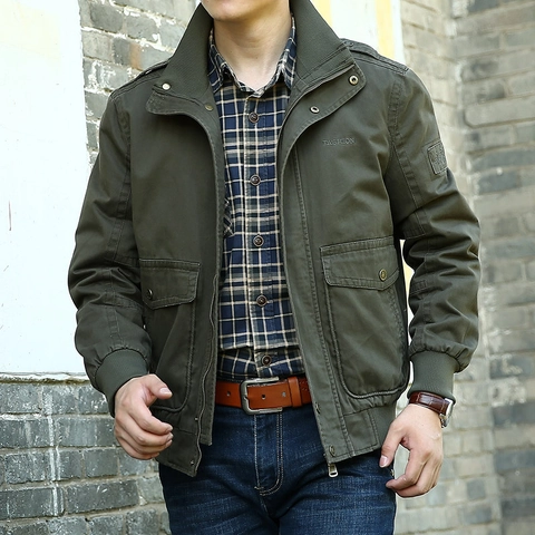 Chaqueta Cargo Estilo Militar para Hombre Mezcla de Algodón Cortaviento Multi Bolsillo Exterior Casual Cuello Alzado