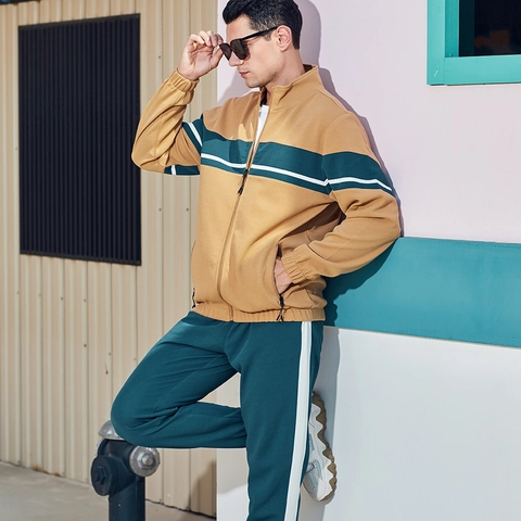 Chándal para Hombre de Poliéster Bloques de Color Rayado Cuello Alzado Chaqueta con Cremallera y Pantalones Jogger Conjuntos