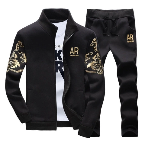 Herren Casual Sportanzug Stehkragen Reißverschluss Jacke Und Hose Barock Goldmuster Polyester Sweatshirt Jogging Outfit