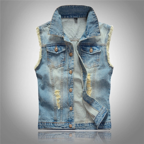 Men's Light Blue Distressed Denim Vest Korean Style Retro Wash Sleeveless Cotton Waistcoat For Men Casual Button Up Outerwear
