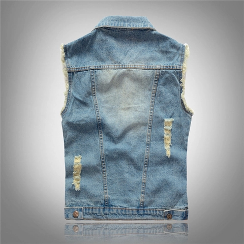 Men's Light Blue Distressed Denim Vest Korean Style Retro Wash Sleeveless Cotton Waistcoat For Men Casual Button Up Outerwear