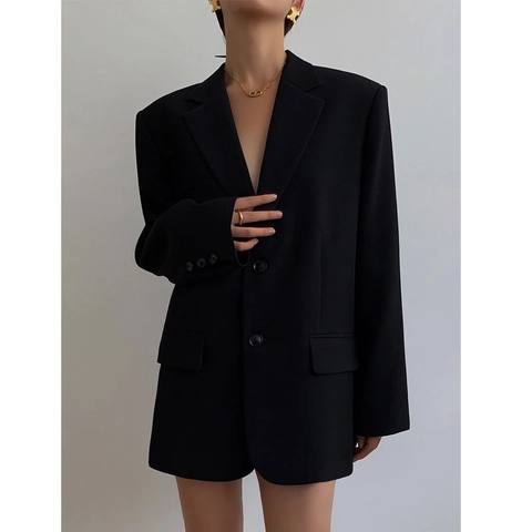 Damen Schwarz Oversize Blazerjacke Eleganter Reverskragen Anzugmantel Professionelle Arbeit Büro Damen Langarm Bekleidung