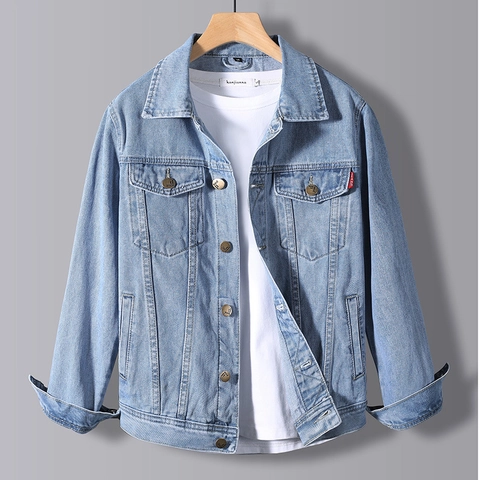 Men Casual Slim Fit Denim Jacket Washed Cotton Outerwear Long Sleeve Button Down Coat Multi Pockets Fashion Classic Teenager Apparel