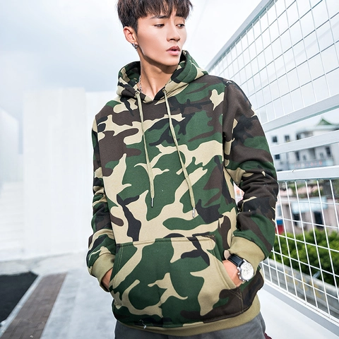 Sudadera con Capucha de Camuflaje Casual para Hombre Mezcla de Algodón Peinado Felpa Bolsillo Canguro Pullover Cordón