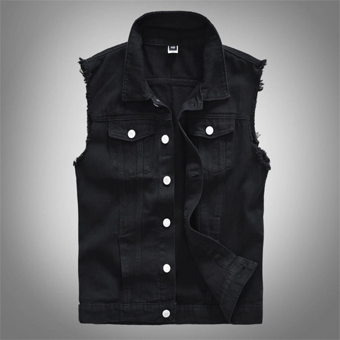 Gilet in Denim Casual da Uomo Nero Cotone Senza Maniche Con Bordi Sfilacciati Revers Bottoni Gilet per Streetwear Abbigliamento