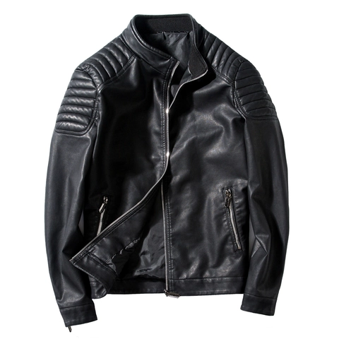Chaqueta Biker de Cuero PU de Ajuste Estrecho para Hombre Cuello Alzado Cremallera Casual Hombro Acolchado Abrigo de Moto