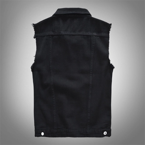 Gilet in Denim Casual da Uomo Nero Cotone Senza Maniche Con Bordi Sfilacciati Revers Bottoni Gilet per Streetwear Abbigliamento