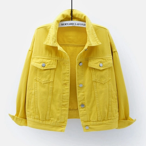 Women Loose Casual Cotton Washed Denim Jacket Sweet Fresh Solid Color Single Breasted Turn Down Collar Denim Outwear Coat