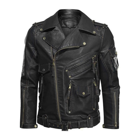 Veste de Moto en Similicuir PU pour Hommes Style Punk Fermeture Éclair Asymétrique Multi Poches Ceinture Moto Biker Manteau Pour Automne Hiver