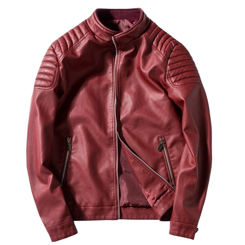 Chaqueta Biker de Cuero PU de Ajuste Estrecho para Hombre Cuello Alzado Cremallera Casual Hombro Acolchado Abrigo de Moto