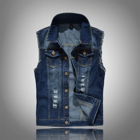 Men's Distressed Denim Vest Cotton Slim Fit Ripped Sleeveless Jacket Casual Motorcycle Button Down Gilet For Men Outerwear Blue