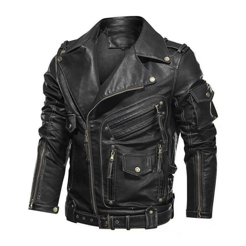 Veste de Moto en Similicuir PU pour Hommes Style Punk Fermeture Éclair Asymétrique Multi Poches Ceinture Moto Biker Manteau Pour Automne Hiver