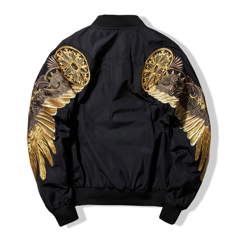 Bomber Jacket Men Polyester Gold Wing Embroidery Eagle Badge Harajuku Streetwear Outwear Retro Baseball Uniform