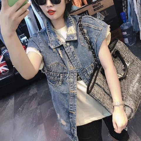 Chaleco Vaquero para Mujer Roto Distressed Sin Mangas Chaqueta Media Longitud Lavado Casual Streetwear con Botones