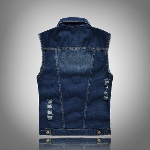 Men's Distressed Denim Vest Cotton Slim Fit Ripped Sleeveless Jacket Casual Motorcycle Button Down Gilet For Men Outerwear Blue