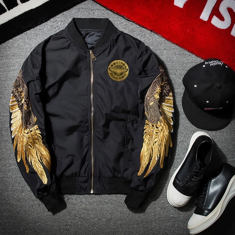 Bomber Jacket Men Polyester Gold Wing Embroidery Eagle Badge Harajuku Streetwear Outwear Retro Baseball Uniform