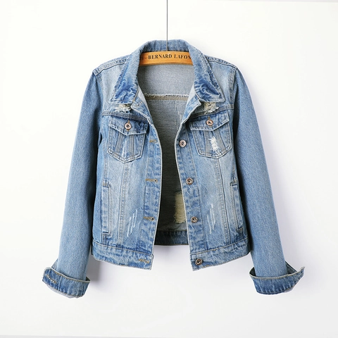 Damen Distressed Denim Jacke Slim Fit Vintage Washed Langarm Jean Mantel Metallknöpfe Lässig Oberbekleidung Frühling Herbst