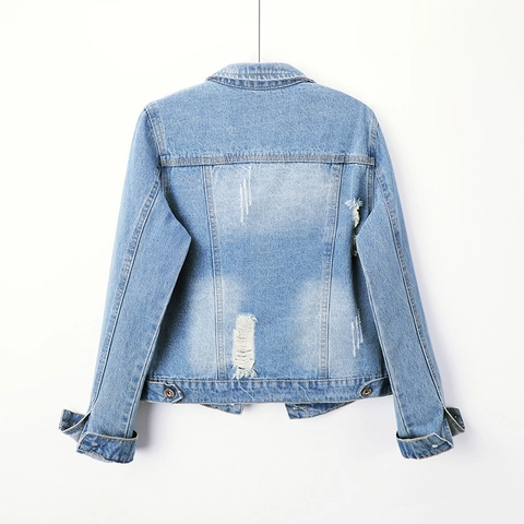 Damen Distressed Denim Jacke Slim Fit Vintage Washed Langarm Jean Mantel Metallknöpfe Lässig Oberbekleidung Frühling Herbst