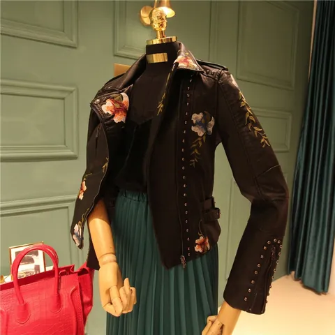 Women's PU Leather Biker Jacket With Floral Embroidery And Silver Rivets Short Moto Outerwear Coat For Casual Chic Style