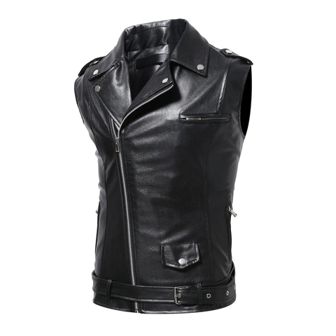 Men Slim Fit PU Leather Motorcycle Vest Sleeveless Biker Jacket With Asymmetric Zipper And Belt Punk Rock Style Black
