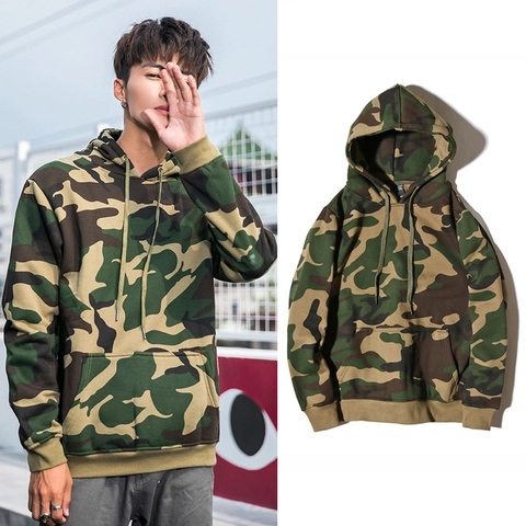 Sudadera con Capucha de Camuflaje Casual para Hombre Mezcla de Algodón Peinado Felpa Bolsillo Canguro Pullover Cordón
