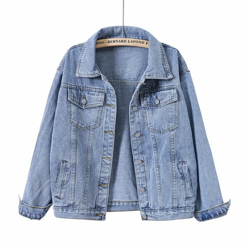 Retro Women Denim Jacket Washed Cotton Blend Casual Long Sleeve Outerwear With Pockets Lapel Loose Style Jacket