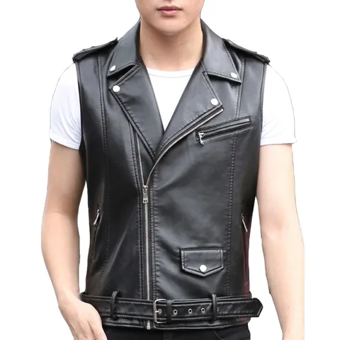 Gilet de Motard en Cuir PU pour Hommes Style Punk Coupe Slim Veste Sans Manches Gilet de Moto Avec Ceinture Revers Fermeture Éclair Diagonale Multi Poches