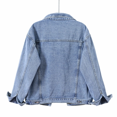 Retro Women Denim Jacket Washed Cotton Blend Casual Long Sleeve Outerwear With Pockets Lapel Loose Style Jacket