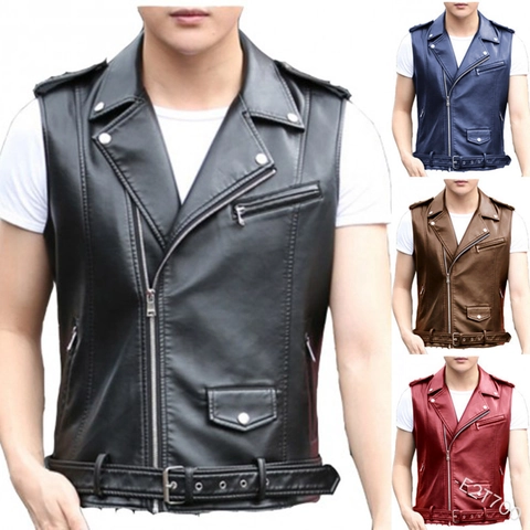 Gilet de Motard en Cuir PU pour Hommes Style Punk Coupe Slim Veste Sans Manches Gilet de Moto Avec Ceinture Revers Fermeture Éclair Diagonale Multi Poches