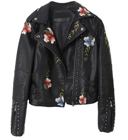 Women's PU Leather Biker Jacket With Floral Embroidery And Silver Rivets Short Moto Outerwear Coat For Casual Chic Style