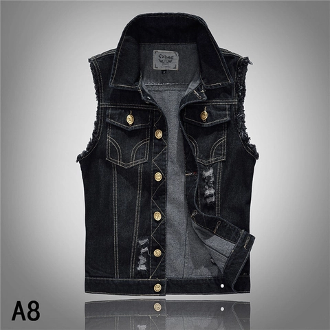 Chaleco de Denim Casual para Hombre Algodón Desgastado Chaqueta sin Mangas Negro Slim Fit Chaleco de Moto Streetwear