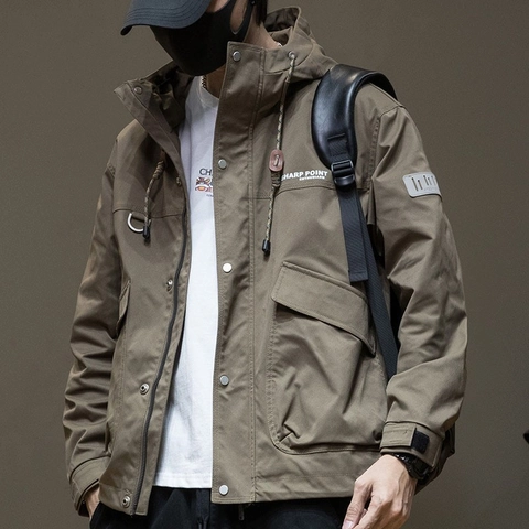 Veste Cargo à Capuche pour Hommes Coupe-vent Tissu Polyester Poches Multiples Streetwear Américain Tactique Ample