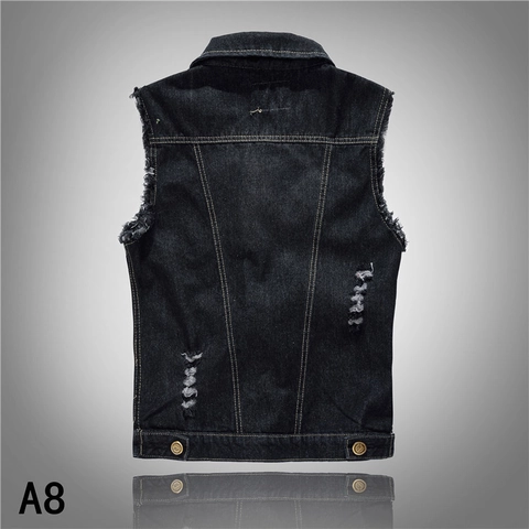 Chaleco de Denim Casual para Hombre Algodón Desgastado Chaqueta sin Mangas Negro Slim Fit Chaleco de Moto Streetwear