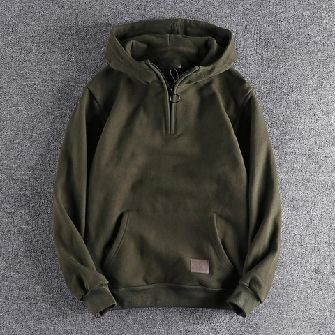 Men Quarter Zip Hoodie Heavyweight Cotton Blend Kangaroo Pocket Leather Patch Casual Streetwear Solid Color Hooded Sweatshirt