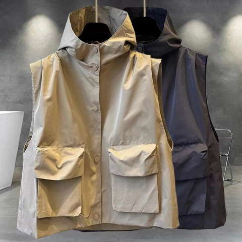 Men Hooded Utility Vest Streetwear Techwear Sleeveless Jacket With Large Pockets Windproof Nylon Polyester Waistcoat For Women Unisex Casual Outdoor Workwear Style