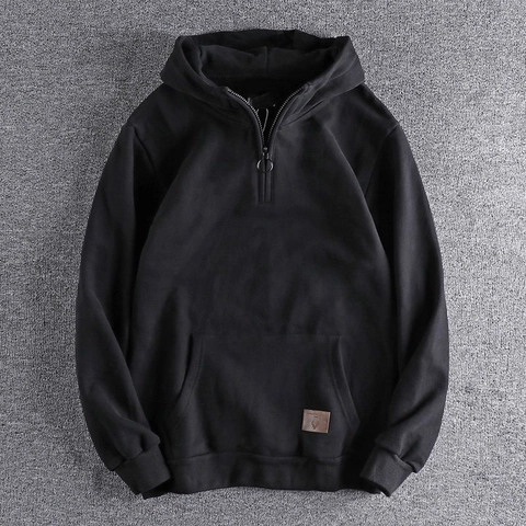 Men Quarter Zip Hoodie Heavyweight Cotton Blend Kangaroo Pocket Leather Patch Casual Streetwear Solid Color Hooded Sweatshirt
