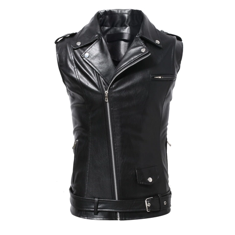 Gilet de Moto en Cuir PU pour Homme Coupe Ajustée Veste de Motard Sans Manches Avec Fermeture Éclair Asymétrique Et Ceinture Style Punk Rock Noir
