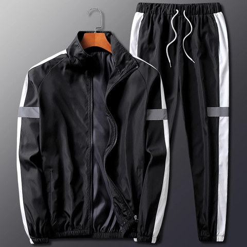 Ensemble de Survêtement de Sport pour Hommes Polyester Réfléchissant Coupe Vent Chaud Fitness Extérieur Col Montant Veste Pantalon