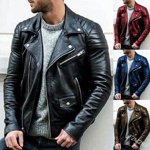 Men's Faux Leather Biker Jacket Asymmetrical Zipper Quilted Shoulder Lapel Moto Coat Casual Windproof Slim Fit Outerwear For Men